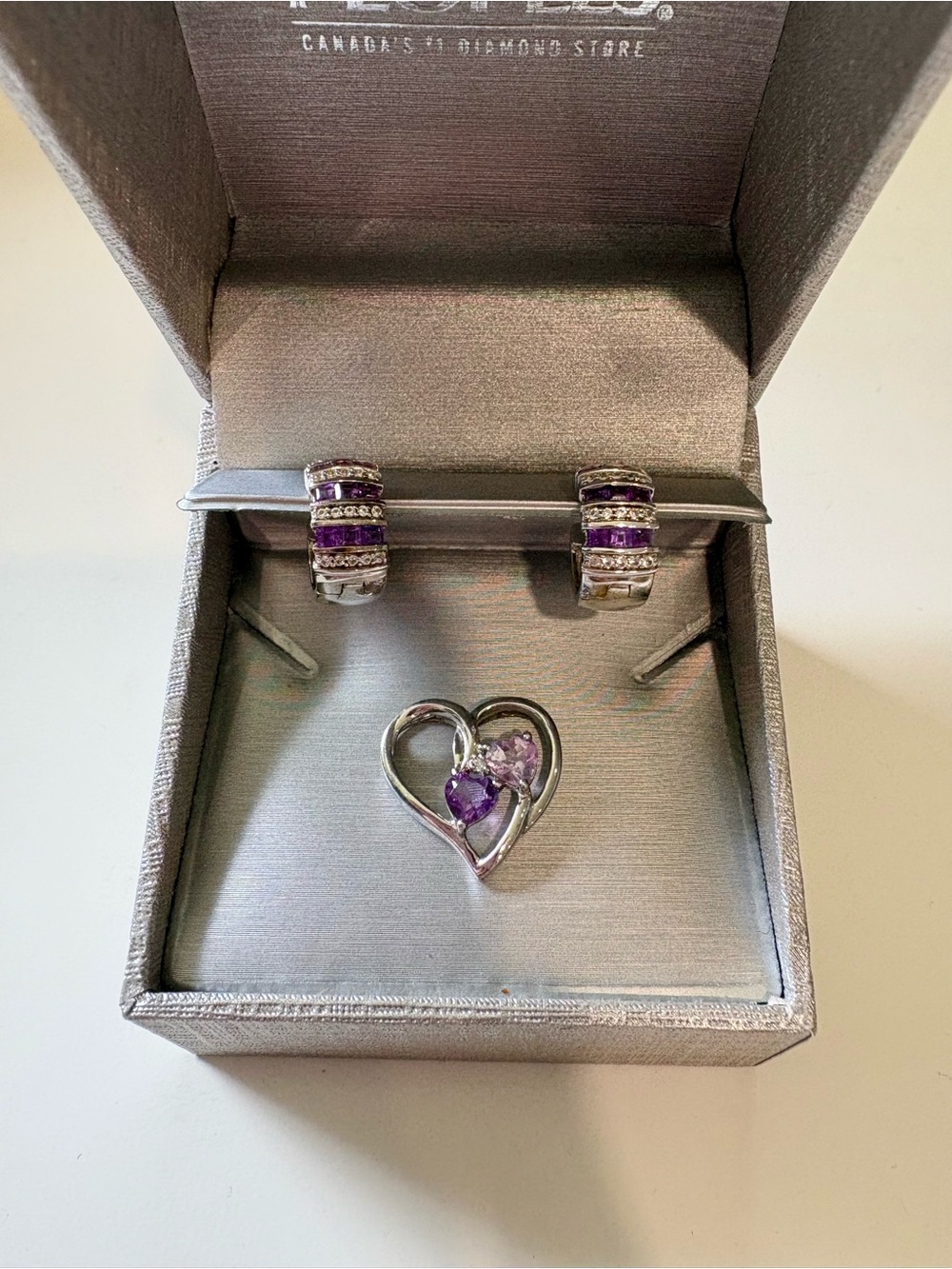 Sterling Silver 925 Heart Pendant and Hoop Earrings Set Purple Amethyst Stones